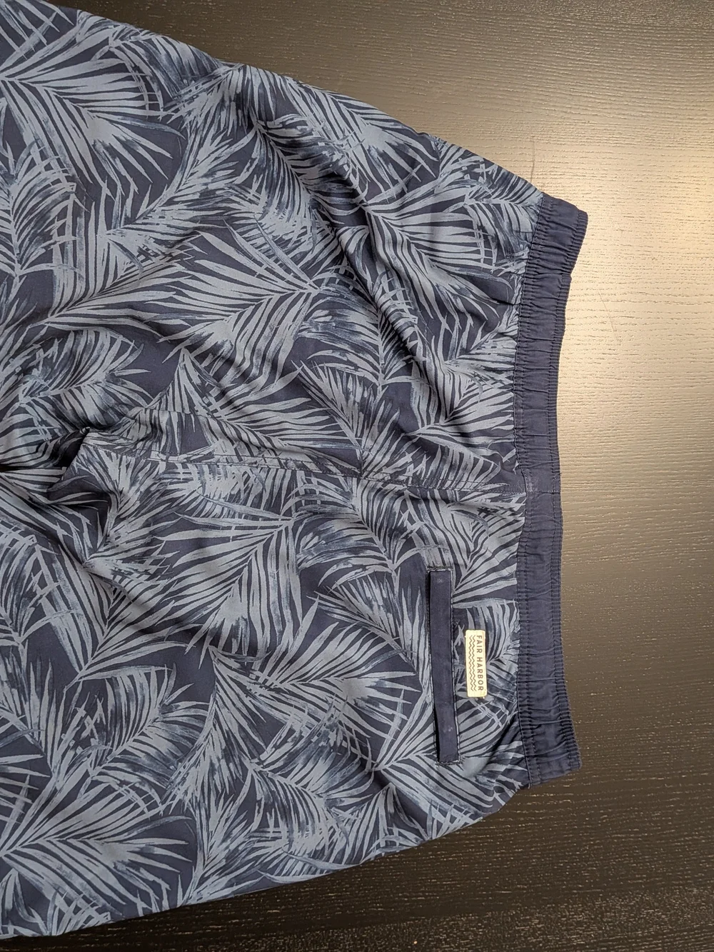 Fair Harbor Navy Palm-Print Swim Trunks with Light Blue Leaf Pattern
